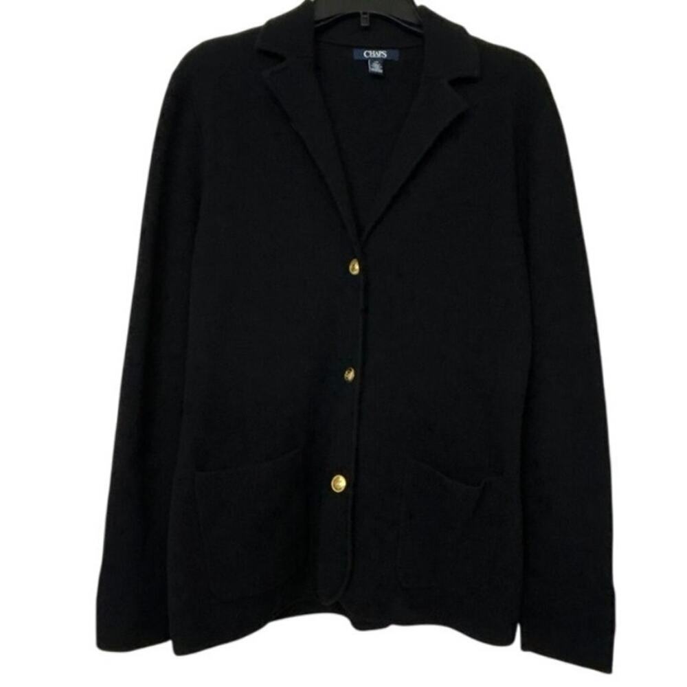 Chaps Black Knit Blazer Cardigan Jacket Large Gold Button Pockets Classic